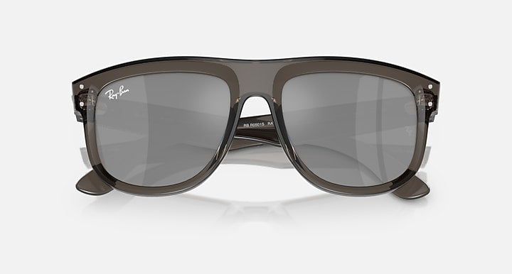 Ray-Ban sunglasses with brown frame and grey mirrored lenses, straight-on front view.