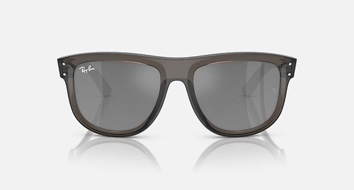 Ray-Ban sunglasses with brown frame and grey mirrored lenses, front view.