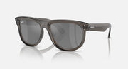 Ray-Ban sunglasses with dark brown frame and grey mirrored lenses, front view.