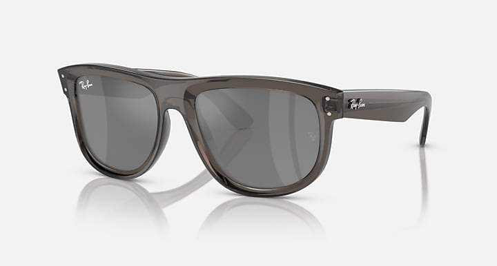 Ray-Ban sunglasses with dark brown frame and grey mirrored lenses, front view.