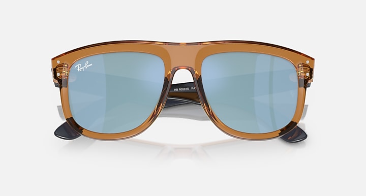 Ray-Ban brown sunglasses with blue lenses and metal nose bridge detail