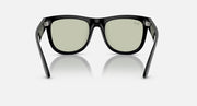 Ray-Ban Wayfarer sunglasses, front view with black frame and pale green lenses