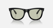 Ray-Ban Wayfarer sunglasses, front view with black frame and pale green lenses