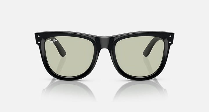 Ray-Ban Wayfarer sunglasses, front view with black frame and pale green lenses