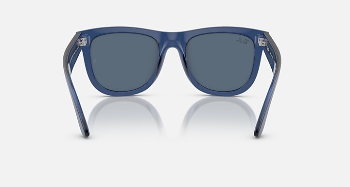 Ray-Ban Wayfarer sunglasses, front view with navy translucent frame and blue lenses
