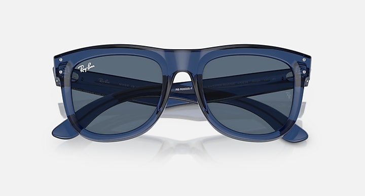 Ray-Ban Wayfarer sunglasses, wide front with navy translucent frame and dark blue lenses