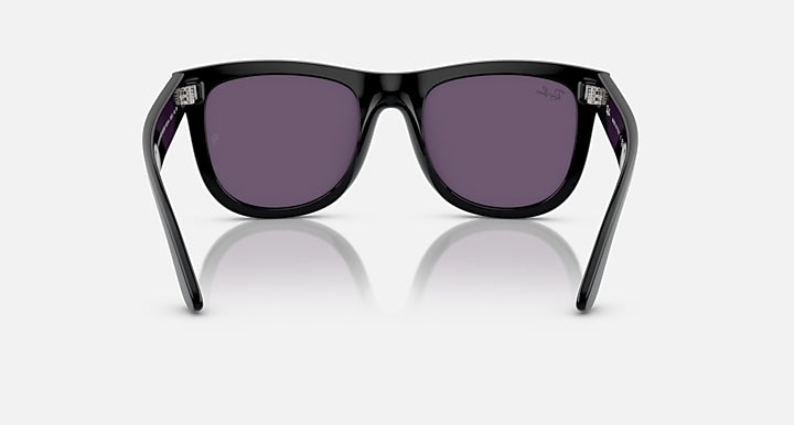 Ray-Ban sunglasses with black frame and purple mirrored lenses, straight-on view