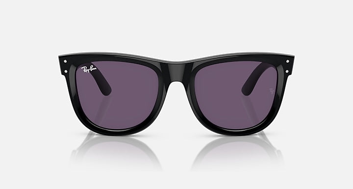 Ray-Ban sunglasses with black frame and purple mirrored lenses, front view