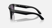 Ray-Ban sunglasses with black frame and purple mirrored lenses, side profile