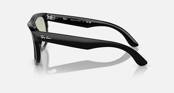 Ray-Ban Wayfarer Reverse sunglasses, black frame, side temple details, angled view