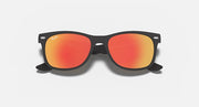 Ray-Ban Junior wayfarer sunglasses, black frame with red mirrored lenses, front view