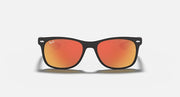 Ray-Ban Junior wayfarer sunglasses, dark frame with orange mirrored lenses, front view