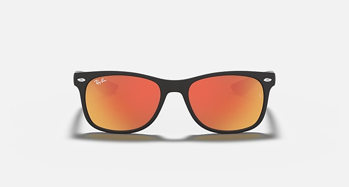 Ray-Ban Junior wayfarer sunglasses, dark frame with orange mirrored lenses, front view