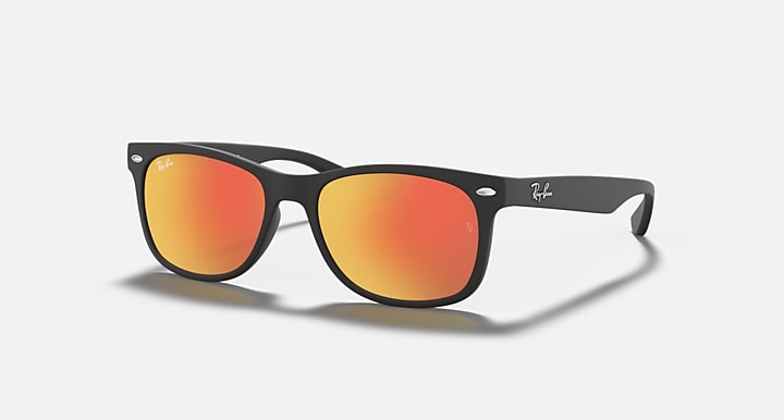 Ray-Ban Junior wayfarer sunglasses, matte black frame with orange mirrored lenses