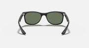Black sunglasses with green lenses and visible metal hinges, front view