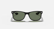 Dark Wayfarer sunglasses with green lenses and black frame, front view