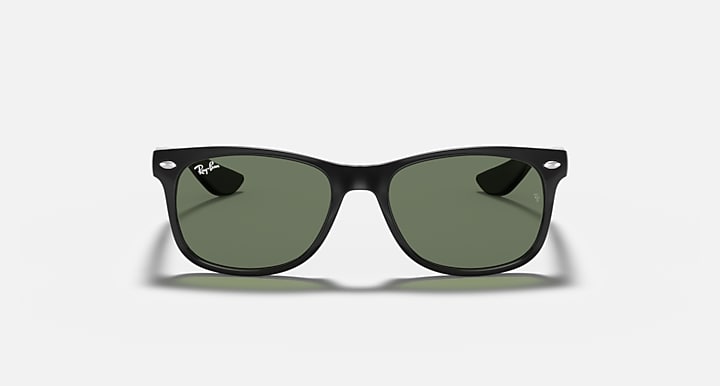 Dark Wayfarer sunglasses with green lenses and black frame, front view