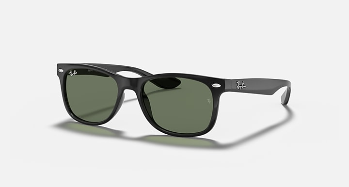Green-tinted dark sunglasses with black frame, kid-sized Wayfarer shape