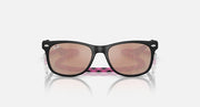Ray-Ban Junior Wayfarer sunglasses, front view; pink patterned temples with brown lenses.
