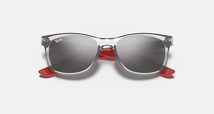 Ray-Ban Junior New Wayfarer RJ9052S sunglasses with clear frame and red center bridge