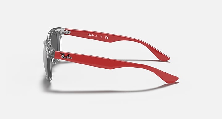 Ray-Ban Junior New Wayfarer RJ9052S sunglasses with red frame and dark mirrored lenses