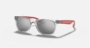 Ray-Ban Junior New Wayfarer RJ9052S sunglasses with red temples and dark lenses