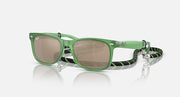 Ray-Ban junior wayfarer sunglasses with green frames, brown-tinted lenses, neck strap