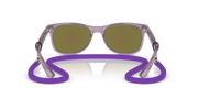 Ray-Ban junior wayfarer sunglasses front view, green-tinted lenses in translucent purple frame.