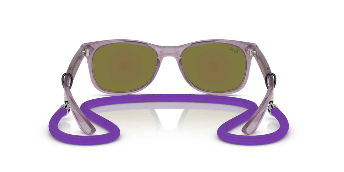 Ray-Ban junior wayfarer sunglasses front view, green-tinted lenses in translucent purple frame.