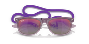 Ray-Ban junior wayfarer sunglasses, front view, purple mirrored lenses with purple strap.
