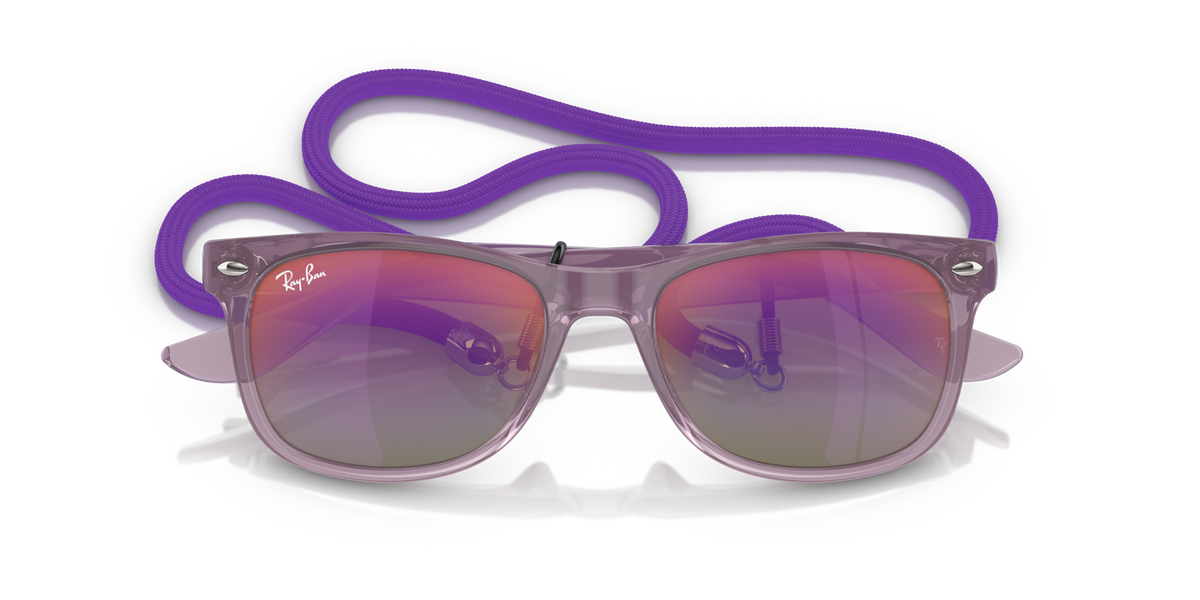 Ray-Ban junior wayfarer sunglasses, front view, purple mirrored lenses with purple strap.