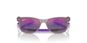 Ray-Ban junior wayfarer sunglasses front view, translucent frame with purple mirrored lenses.