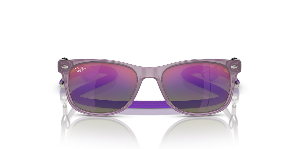 Ray-Ban junior wayfarer sunglasses front view, translucent frame with purple mirrored lenses.