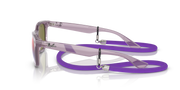Ray-Ban junior wayfarer sunglasses side view, translucent purple frame with purple strap.