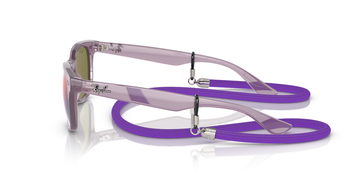 Ray-Ban junior wayfarer sunglasses side view, translucent purple frame with purple strap.