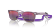 Ray-Ban junior wayfarer sunglasses with purple mirrored lenses and translucent purple frame, strap.