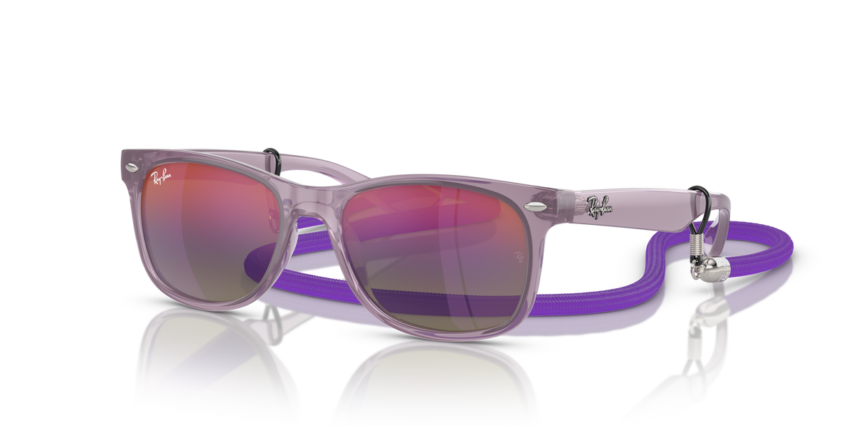 Ray-Ban junior wayfarer sunglasses with purple mirrored lenses and translucent purple frame, strap.
