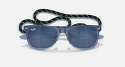 Ray-Ban junior wayfarer sunglasses with blue frames, blue-tinted lenses, patterned neck strap