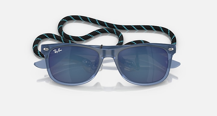 Ray-Ban junior wayfarer sunglasses with blue frames, blue-tinted lenses, patterned neck strap