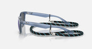 Ray-Ban junior wayfarer sunglasses with blue frames and striped neck strap, side view