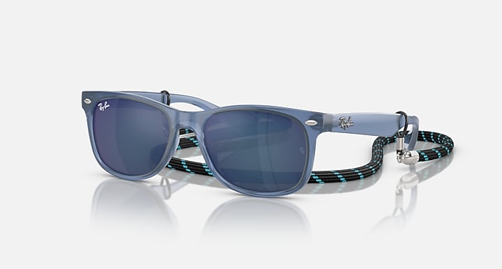 Ray-Ban junior wayfarer sunglasses with blue frames, blue-tinted lenses, neck strap