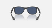 Ray-Ban Junior Wayfarer sunglasses, front view; dark frame and blue mirrored lenses.