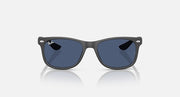 Ray-Ban Junior Wayfarer sunglasses, straight-on view, dark frame with blue lenses.
