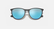 Black cat-eye sunglasses with light blue mirrored lenses and metal temples