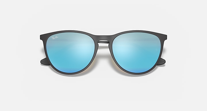 Black cat-eye sunglasses with light blue mirrored lenses and metal temples