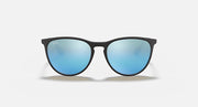 Black cat-eye sunglasses with blue tinted mirrored lenses, front view