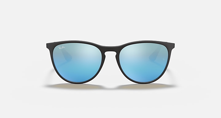Black cat-eye sunglasses with blue tinted mirrored lenses, front view
