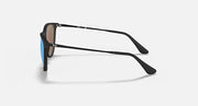 Black sunglasses side view with blue mirrored lenses and metal temples