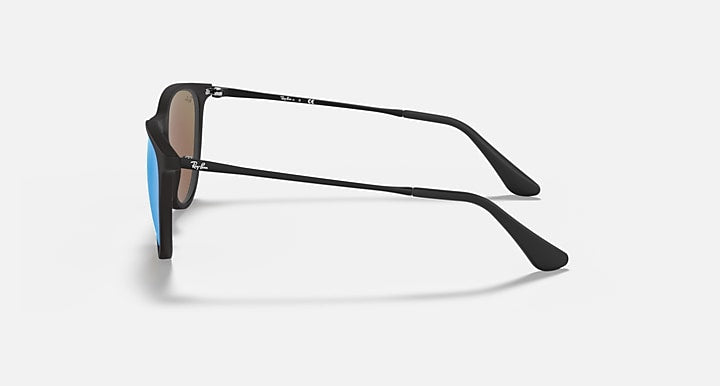 Black sunglasses side view with blue mirrored lenses and metal temples