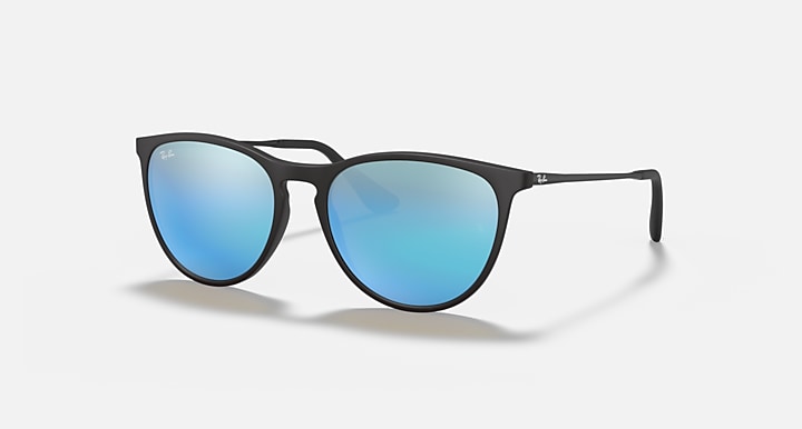 Black cat-eye sunglasses with blue mirrored lenses and metal temples